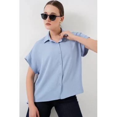 Oversize Kısa Kol Gömlek 20322 - Mavi