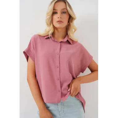 Oversize Kısa Kol Gömlek 20322 - Pembe