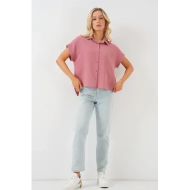 Oversize Kısa Kol Gömlek 20322 - Pembe