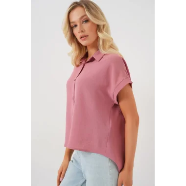 Oversize Kısa Kol Gömlek 20322 - Pembe