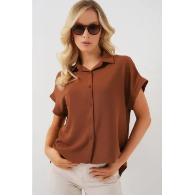 Oversize Kısa Kol Gömlek 20322 - Taba