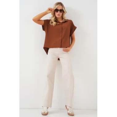 Oversize Kısa Kol Gömlek 20322 - Taba