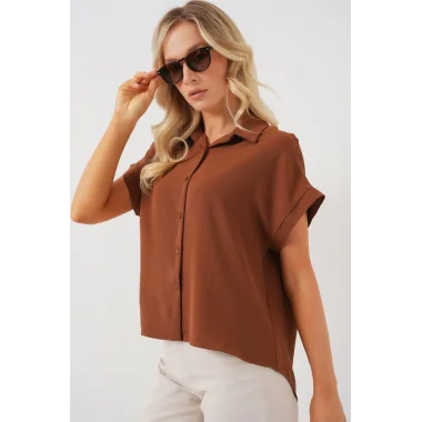 Oversize Kısa Kol Gömlek 20322 - Taba