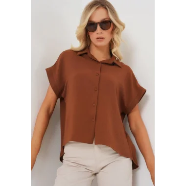 Oversize Kısa Kol Gömlek 20322 - Taba