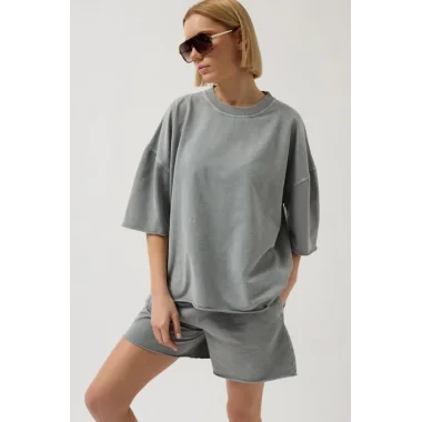 Oversize Lazer Kesim Bisiklet Yaka T-Shirt