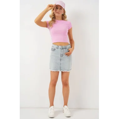 Püsküllü Mini Kot Etek 8051 - Mavi