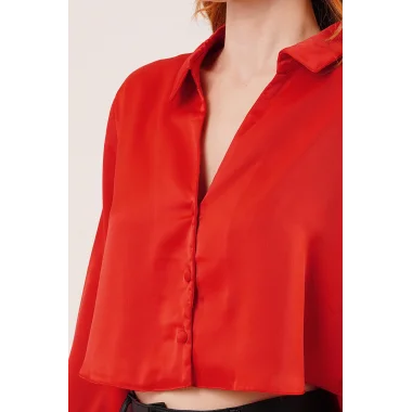 Saten Crop Model Kırmızı Gömlek