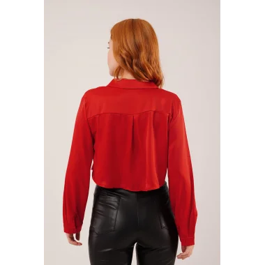 Saten Crop Model Kırmızı Gömlek