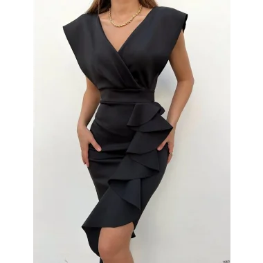 Scuba Kumaş Önü Fırfırlı Midi Boy Elbise