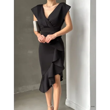 Scuba Kumaş Önü Fırfırlı Midi Boy Elbise