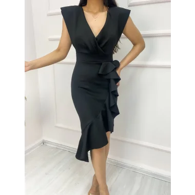 Scuba Kumaş Önü Fırfırlı Midi Boy Elbise