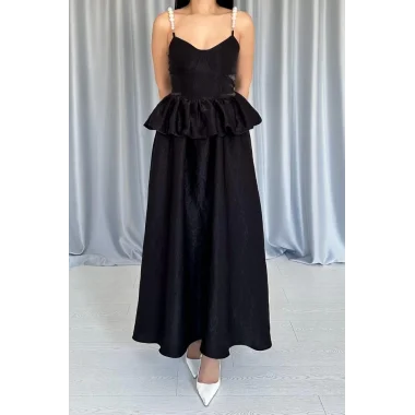 Siyah Beli Büzgülü İnci Askılı Uzun Elbise