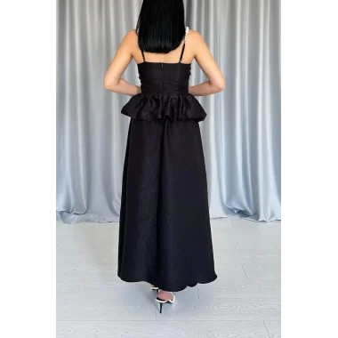 Siyah Beli Büzgülü İnci Askılı Uzun Elbise
