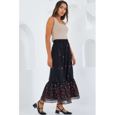Siyah Turuncu Desenli Şifon Etek 8010