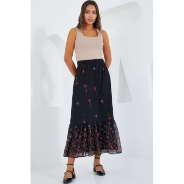Siyah Turuncu Desenli Şifon Etek 8010