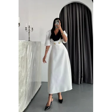 TASARIM ELBİSE CEKET YAKA GOLD DÜĞME DETAYLI KISA KOL - Beyaz