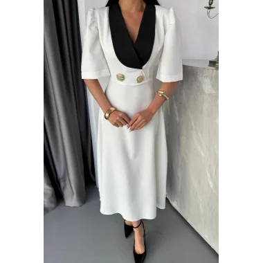 TASARIM ELBİSE CEKET YAKA GOLD DÜĞME DETAYLI KISA KOL - Beyaz