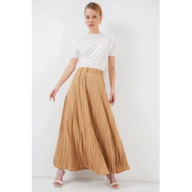 Uzun Kırışık Etek 8042 - Bisküvi