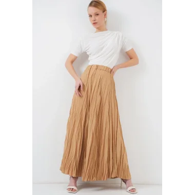 Uzun Kırışık Etek 8042 - Bisküvi