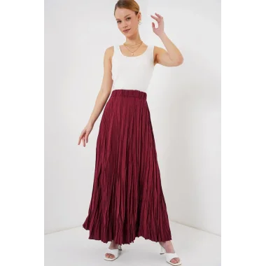 Uzun Kırışık Etek 8042 - Bordo