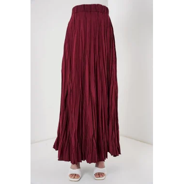 Uzun Kırışık Etek 8042 - Bordo