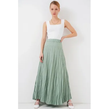 Uzun Kırışık Etek 8042 - Çağla