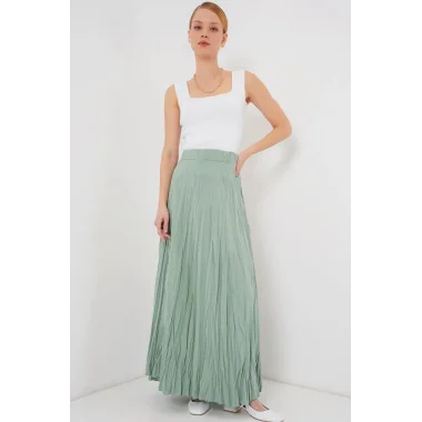 Uzun Kırışık Etek 8042 - Çağla