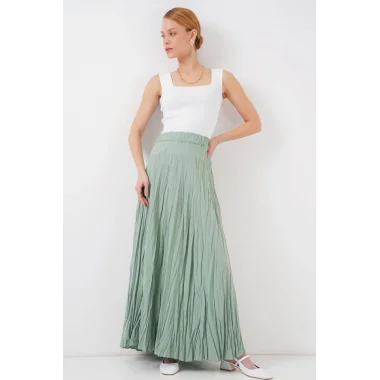 Uzun Kırışık Etek 8042 - Çağla