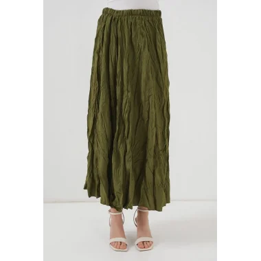 Uzun Kırışık Etek 8042 - Haki