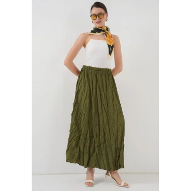 Uzun Kırışık Etek 8042 - Haki