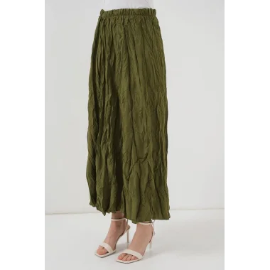 Uzun Kırışık Etek 8042 - Haki