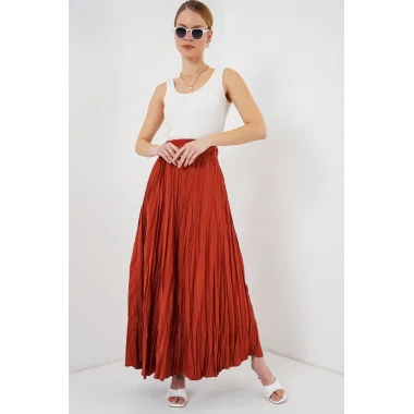 Uzun Kırışık Etek 8042 - Kiremit