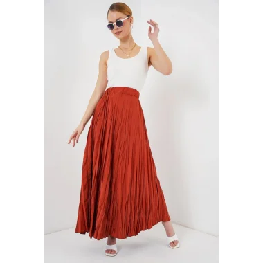 Uzun Kırışık Etek 8042 - Kiremit