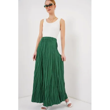 Uzun Kırışık Etek 8042 - Zümrüt Yeşili