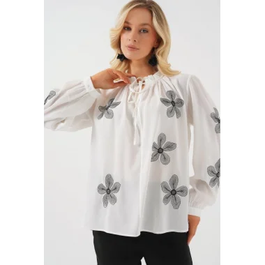 Uzun Kol Nakışlı Örme Bluz 951 - Beyaz