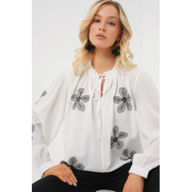 Uzun Kol Nakışlı Örme Bluz 951 - Beyaz