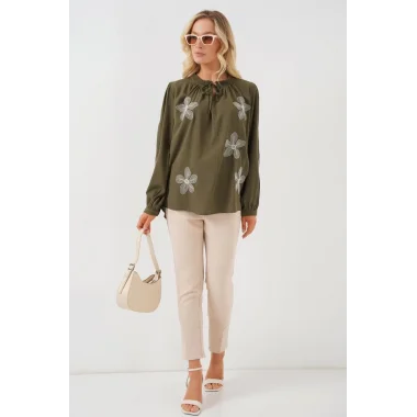 Uzun Kol Nakışlı Örme Bluz 951 - Haki