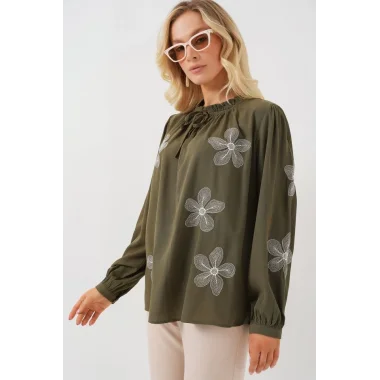 Uzun Kol Nakışlı Örme Bluz 951 - Haki