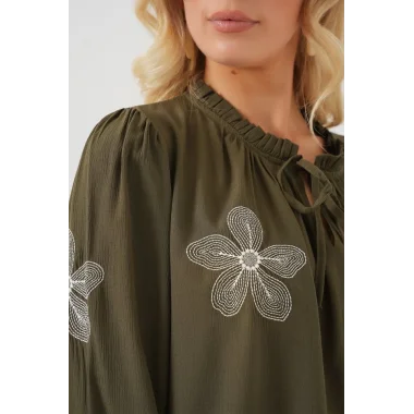 Uzun Kol Nakışlı Örme Bluz 951 - Haki