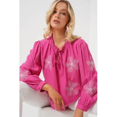 Uzun Kol Nakışlı Örme Bluz 951 - Pembe