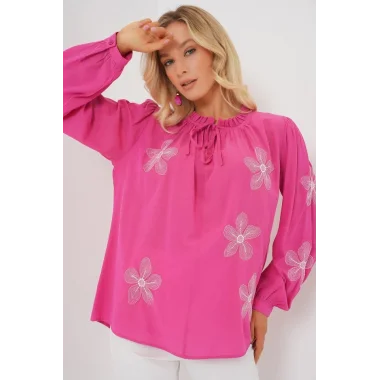 Uzun Kol Nakışlı Örme Bluz 951 - Pembe