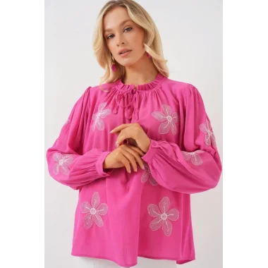 Uzun Kol Nakışlı Örme Bluz 951 - Pembe