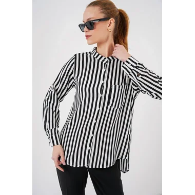 Uzun Kollu Çizgili Gömlek 20283 - Beyaz