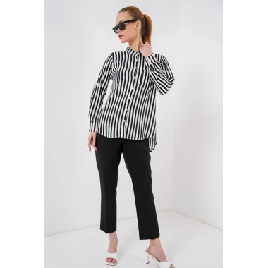 Uzun Kollu Çizgili Gömlek 20283 - Beyaz