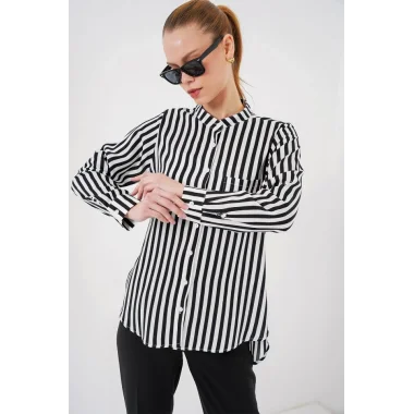 Uzun Kollu Çizgili Gömlek 20283 - Beyaz