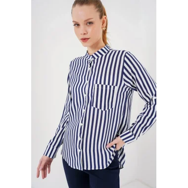 Uzun Kollu Çizgili Gömlek 20283 - Lacivert