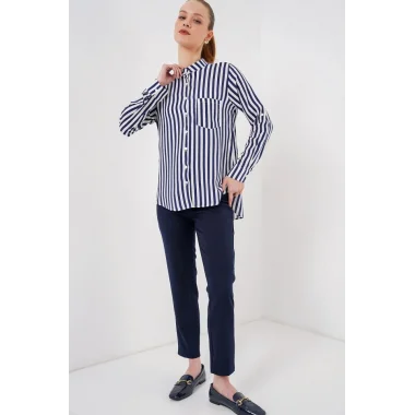 Uzun Kollu Çizgili Gömlek 20283 - Lacivert