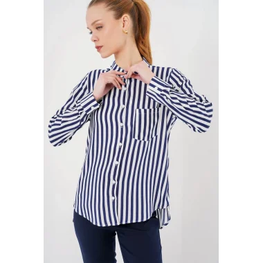Uzun Kollu Çizgili Gömlek 20283 - Lacivert