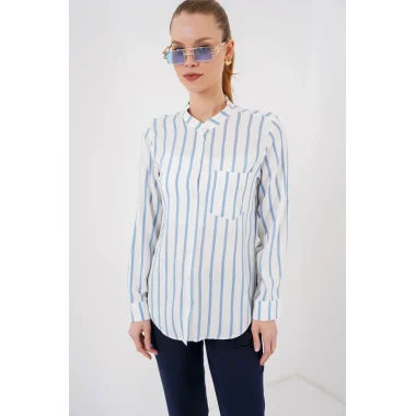 Uzun Kollu Çizgili Gömlek 20283 - Mavi