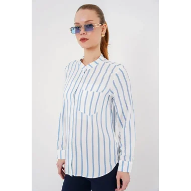 Uzun Kollu Çizgili Gömlek 20283 - Mavi